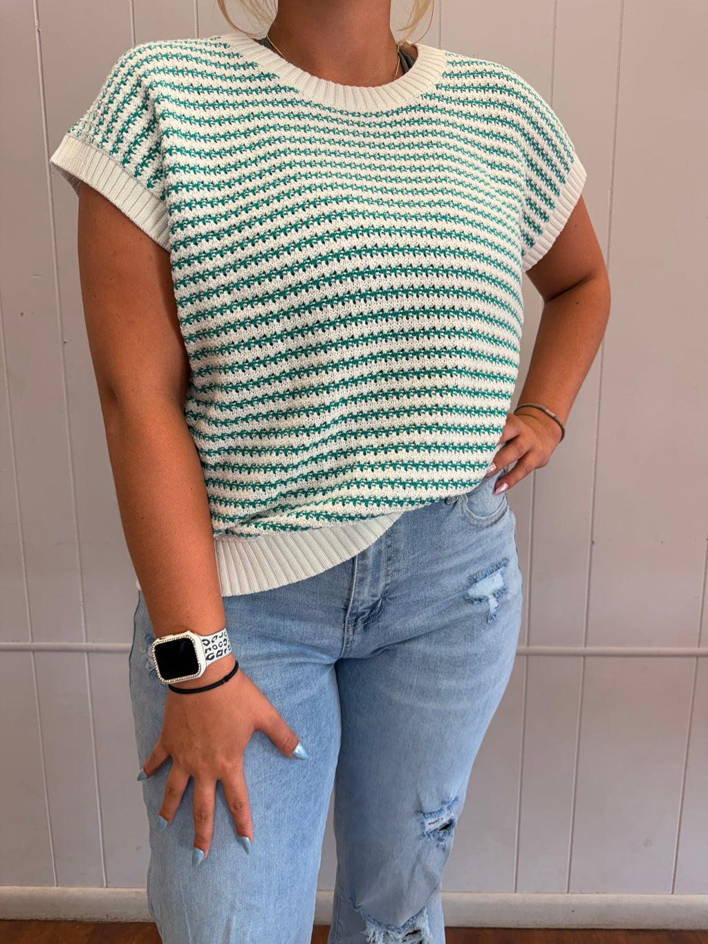 Green knit stripe top
