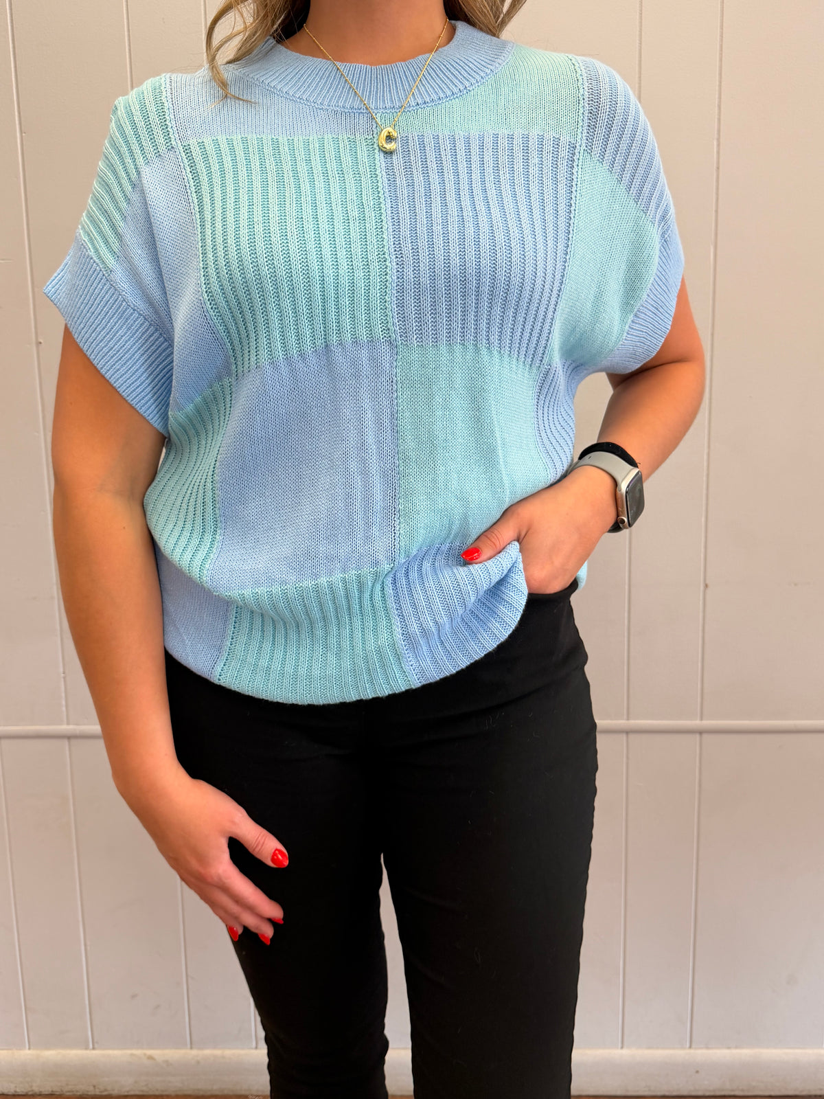 Light blue checkered short sleeve