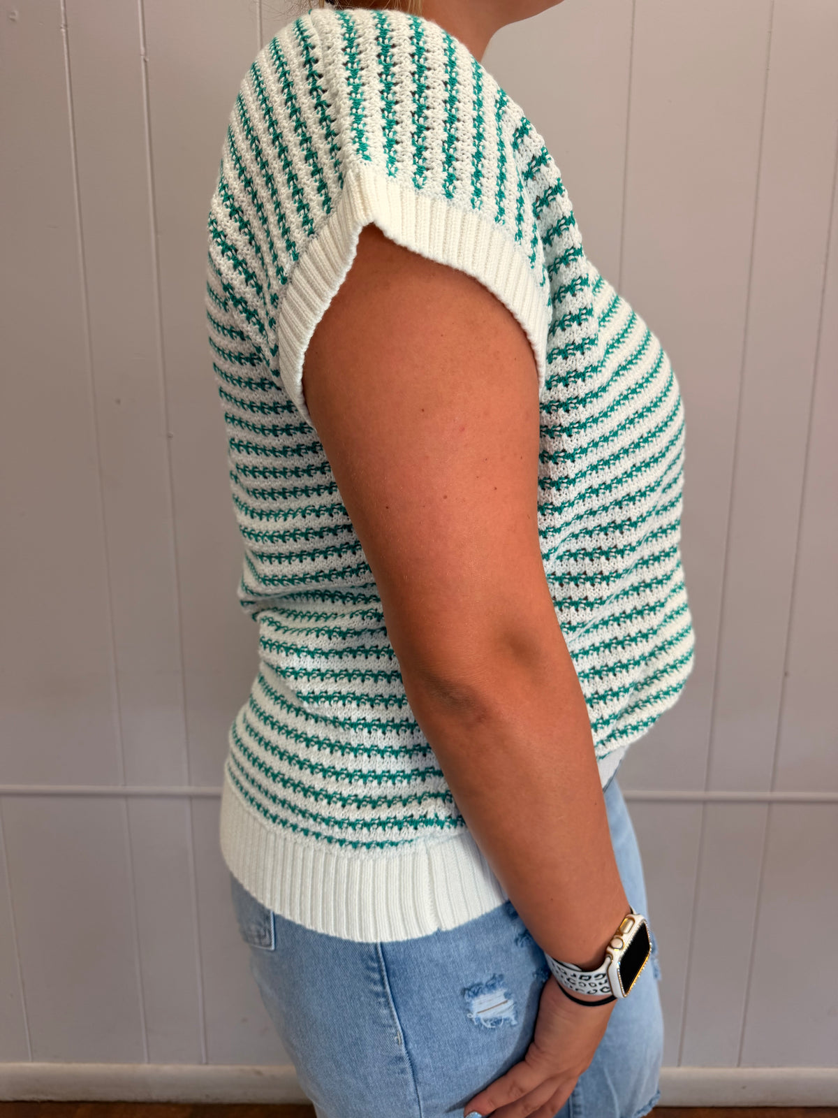 Green knit stripe top